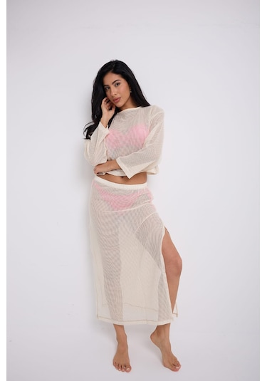Yırtmaçlı Uzun File Etek Ekru