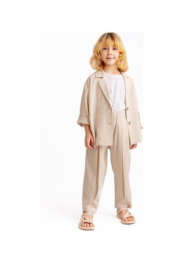 Unisex Paça Ve Belden Kapalı A Pile Keten Pantolon Naturel Naturel Bej