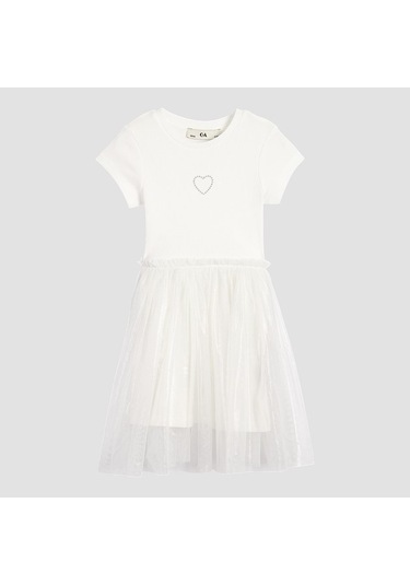 Önü Taşlı Tüllü Kız Çocuk Elbise Beyaz