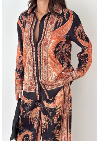 Saten Kumaş Desenli Alt-üst Takım Kahverengi