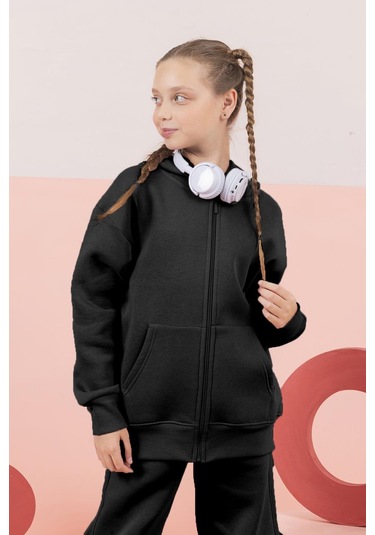 Kız Erkek Şardonsuz Kapüşonlu Fermuarlı Kolej Hırka Ceket 4012 Siyah