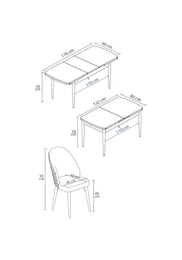 Milas Siyah Mermer Desen 80x132 Mdf Açılabilir Mutfak Masası Takımı 6 Adet Sandalye Kahverengi