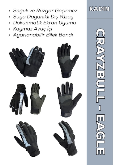Crazybull Eagle Gri Su Ve Rüzgar Geçirmez Kışlık Kadın Motosiklet Eldiveni + Buff