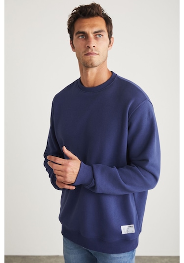 GRIMELANGE Travıs Erkek Organik Kumaşlı Yumuşacık Regular Fit Yuvarlak Yakalı Lacivert Sweatshirt Lacivert