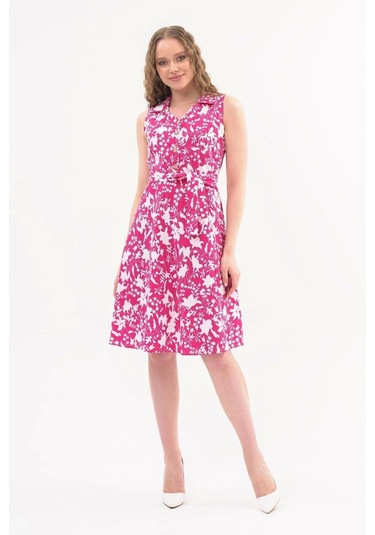 Apsen Kadın Fuşya Düğme Detaylı V Yaka Cotton Elbise4405-105 Fuşya