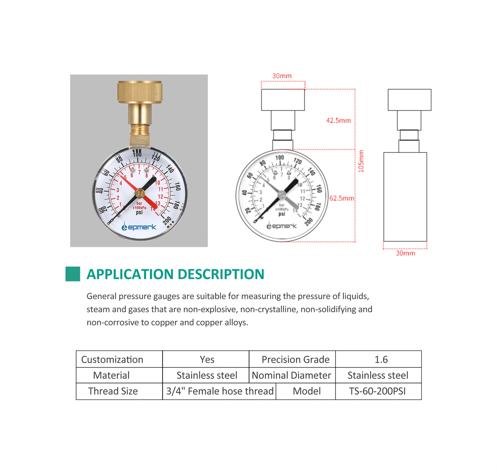 Yuntech01 Su Basıncı Test Cihazı 2-1/2" Manometre 3/4" Dahili Işın 0-200psı Kırmızı Gösterge, Bakır Malzeme, Ev Su Tesisleri Testi