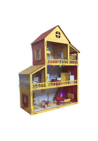 Ahşap Oyun Evi 80Cm 21 Eşya Sarı-Kırmızı Led Işıklı