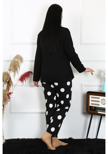 Akbeniz Kadın Büyük Beden Penye Uzun Kol Pijama Takım 202215-siyah Siyah