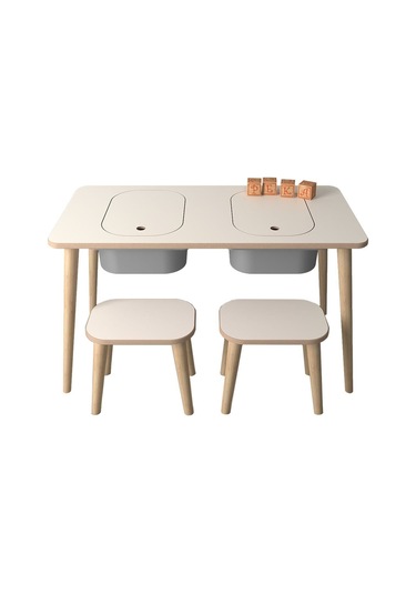Çocuk Oyun Ve Aktivite Masası - 2 Tabure - Gri Sepetli Beyaz-gri Beyaz - Gri