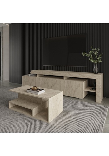 Vera Mini Orta Sehpa Modern Tasarım, Fonksiyonel Raflı Yap Traverten