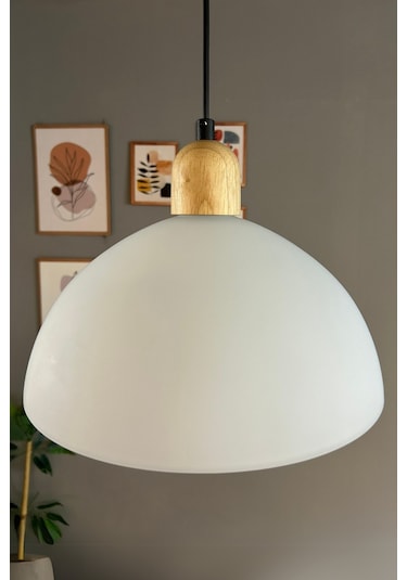 Perry Cam Tekli Avize Kalın Ahşap Beyaz Başlık Retro Sarkıt Lamba Restoran Salon Aydınlatma Beyaz