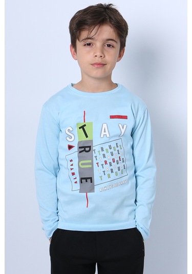 Hçm Erkek Çocuk Uzun Kollu Tshirt Stay True Baskılı Bisiklet Yaka E29 Turkuaz