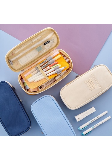 Aubyhe Orta Ve İlkokul Öğrencileri İçin Büyük Kapasiteli, Renkli, Çok Fonksiyonlu, Dayanıklı Kalem Kutusu - Mavi/bej Büyük Boy Diğer