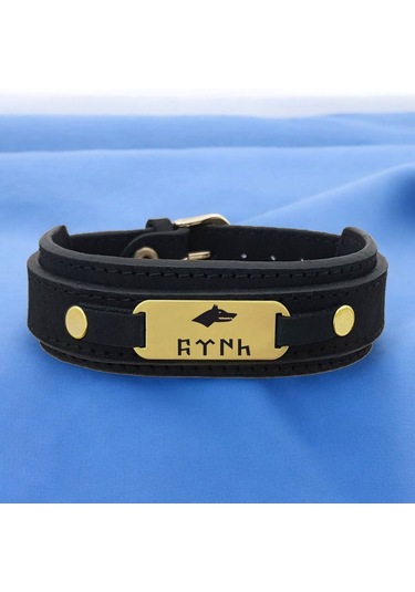 Archin Göktürk Temalı Doğal Siyah Derili Oval Motifli 14 Ayar Altın Plakalı Hediye Bileklik-438sembol Göktürk