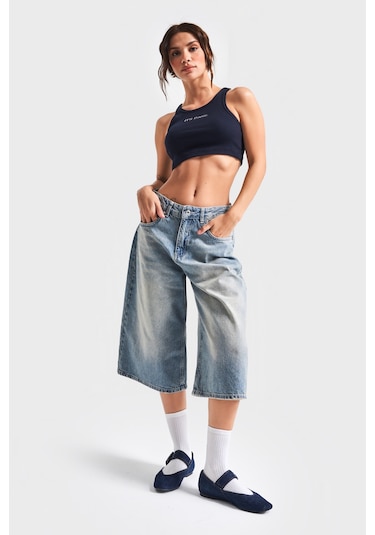 Itsbasic Kadın T.kot Rengi 2s5-84 Süper Baggy Fit Maxi Boy %100 Koton Denim Şort Tint Kot Rengi