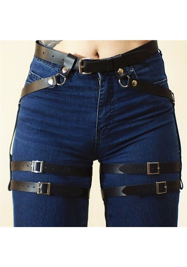 Dolıty Punk Pu Deri Koşum Jartiyer Kemer Ayarlanabilir Bel Bacak Siyah