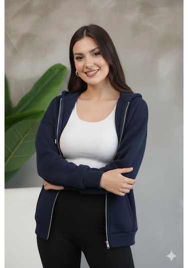 Kadın Genç Unisex Cepli Kapüşonlu Fermuarlı Sweatshirt Hırka Lacivert
