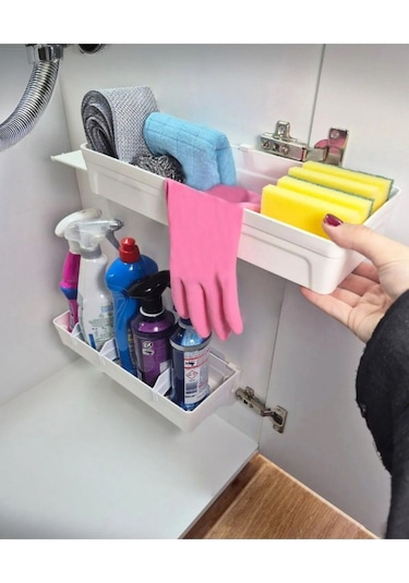 Dolap İçi Düzenleyici Yapışkanlı Kaydırmalı Çok Amaçlı Katlı Raf Organizer Beyaz