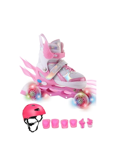 Melek Kanatlı Işıklı Çocuk Pateni Kask Ve Dizlik Seti Silikon Teker Ayarlanabilir Paten Çantalı Pembe