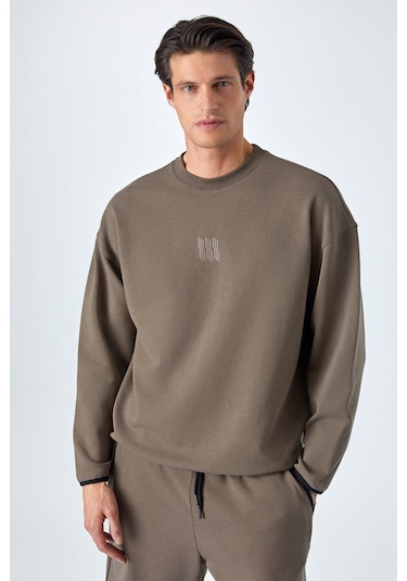 GRIMELANGE Plemon Erkek Bisiklet Yaka Uzun Kol Baskı Detaylı Oversize Koyu Kahverengi Sweatshirt Koyu Kahverengi