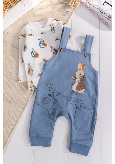 Babymod Tavşan Fiğürlü 2'li Erkek Bebek Salopet Tulum mavi