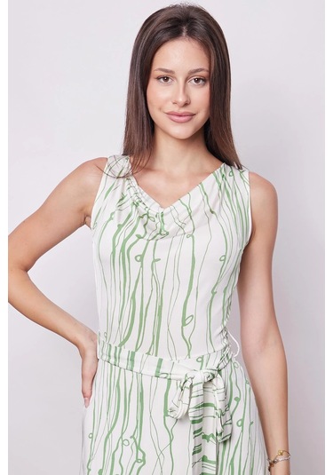 Kadın Desenli Degaje Yakalı Kolsuz Eteği Kiloş Likralı Hafif Parlak Kumaş Elbise-mint Desen Mint Dsn.
