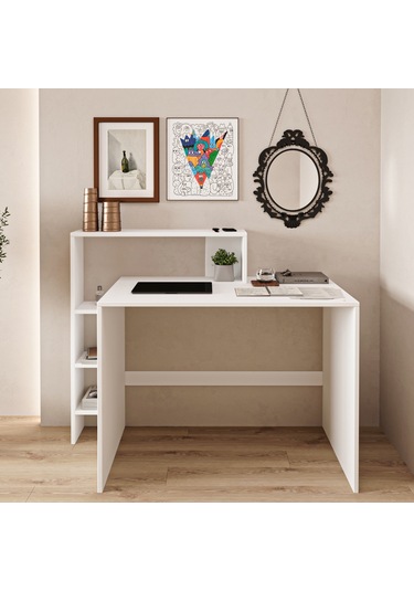 Amber Çalışma Masası Raflı, Modern Bilgisayar Masası Beyaz