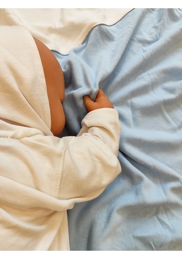 %100 Pamuklu & Mevsimlik Bebek Battaniyesi - Kahverengi & Ayıcık Nakışlı Bebek Örtüsü 80x90 Cm Mavi