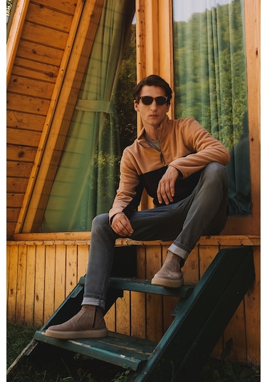 AC&Co / Altınyıldız Classics Erkek Sutlu Kahve-kahve Anti-pilling Tüylenme Yapmayan Standart Fit Bato Yaka İçi Polarlı Çift Renk Polar Sweatshirt Sütlü Kahverengi