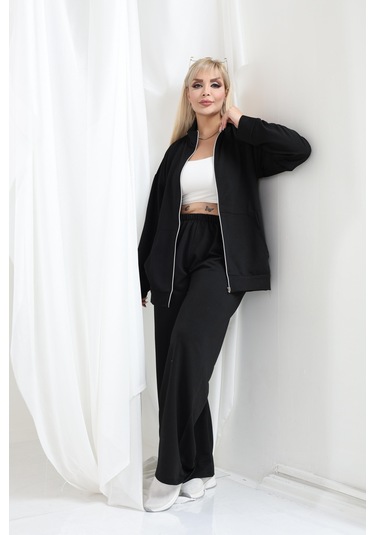 Kadın Büyük Beden Fermuarlı Uzun Kollu Rahat Günlük Eşofman Takım Siyah