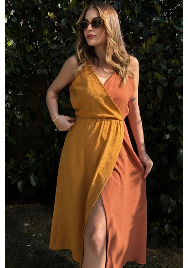 Kadın Hardal & Turuncu Color Block Kruvaze, Hasır Askı Detaylı, Yırtmaçlı, Uzun Airobin Elbise Hardal
