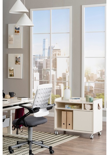 Creo Mobili Sürgü Kapaklı Organizer Smart Keson, Frenli Tekerlekli Ofis Ve Ev Komodini, Ekru