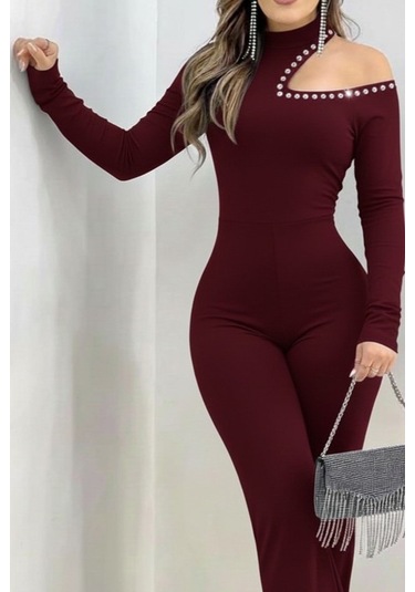 S-pazarım Kadın Tek Omuzdan Açık Balıkçı Yaka Taş Detaylı Uzun Ithal Krep Tulum Bordo