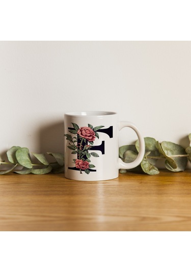 F Baş Harf Kırmızı Güller İle Sarılı Bardak 330 Ml Kişiye Özel Çiçekli Hediye Beyaz