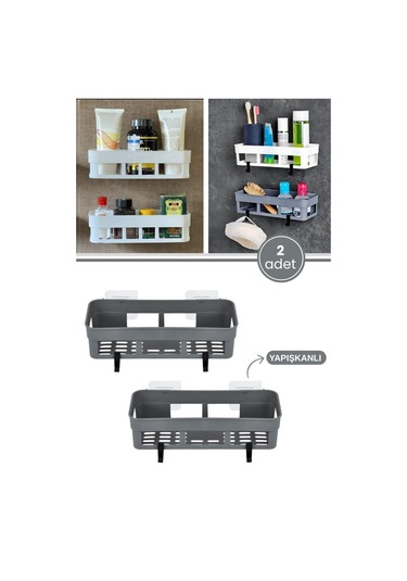 2 Adet Yapışkanlı Plastik Raf, Delme Vida Gerektirmeyen Banyo Duş Şampuan Mutfak Baharat Rafı Gri Gri