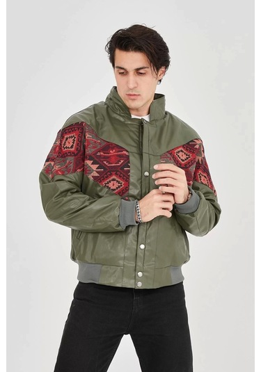 Erkek İçi Astarlı İçten Yaka Kısmı Peluşlu Suni Kumaş Vintage Ceket - Haki Haki