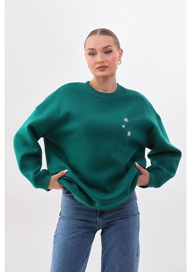 Kallima Oversize Baskılı İçi Polarlı Yeşil Kadın Sweatshirt Yeşil