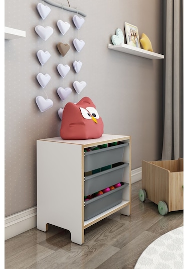 3 Sepetli Çok Amaçlı Oyuncak Dolabı Mdf Gri Gri