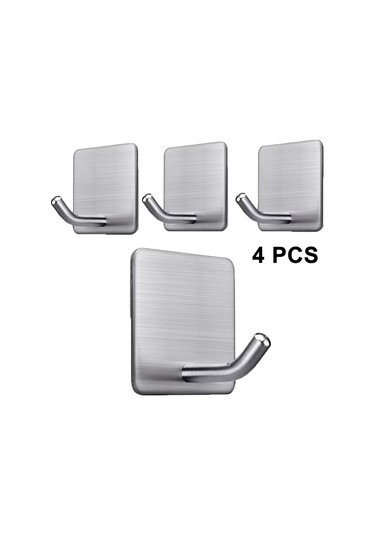 Fosenze 4'lü Paslanmaz Çelik Süper Yapışkan Kanca - Su Geçirmez Paslanmaz Delme Yok 8-20 Lbs Yüke Dayanır Mutfak Banyo Yatak Odası Çanta Havlu Giysi Asıcı Siyah/gümüş Gümüş