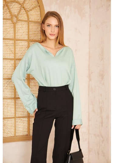 Kadın Ekstra Uzun Duble Kol / Yakası Yırtmaçlı Salaş Sweatshirt Bluz 3470190 Mint