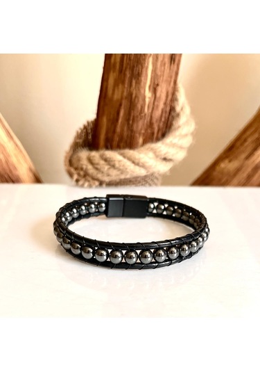 Hematit-doğal Deri Ve Çelik Erkek Bileklik Net 21cm Türk Üretim