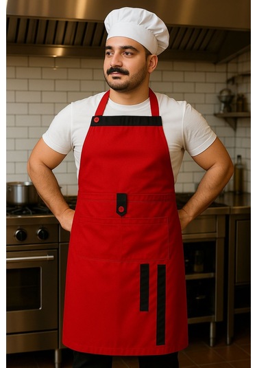 Boydan Askılı, Cepli, Servis Önlüğü 1 Adet Kırmızı