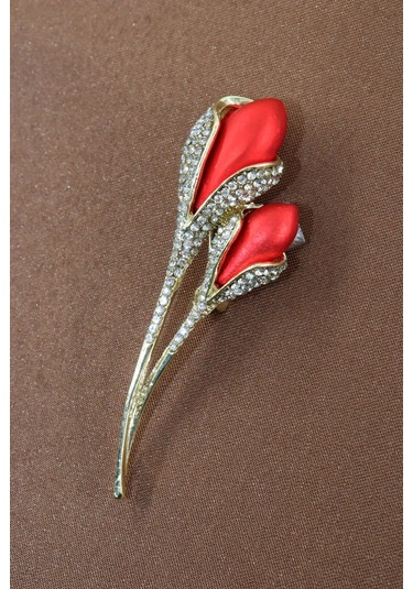 Lale Tomurcuğu Broş. Taşlı Tasarım Lale Broş. Yaka İğnesi Lale Broş. Kadın Broş. Broş. Lale Broş. Altın - Kırmızı