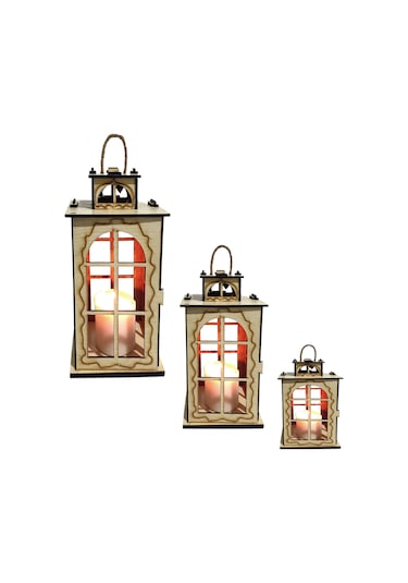 Dekoratif Ahşap 3 lü set Fener Mumluk 20 CM