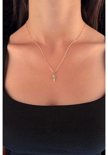 Fiyonk Kuyumculuk 14 Ayar Altın Işıltılı Aynalı Zincir Kuzey Yıldızı Kolye 001