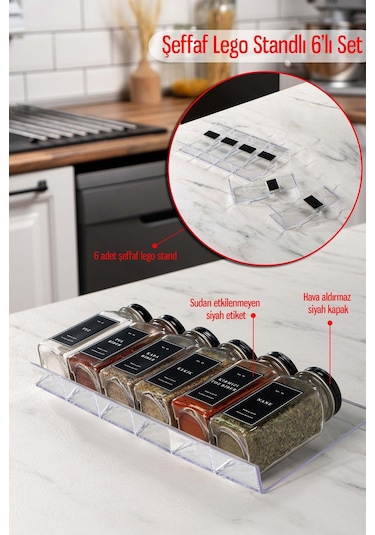 6'lı Set Lego Standlı Cam Baharatlık Takımı Siyah Kapak-siyah Etiket Baharatlık Seti-mh03syh06 Siyah - Şeffaf