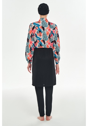 Tam Kapalı Tesettür Mayo Yarım Desenli 3401 Siyah Siyah