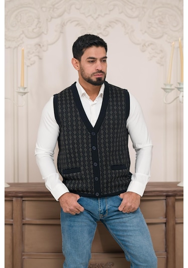 Woolen World Regular Fit Ön Cepli Desenli Kolsuz Erkek Triko Yelek Lacivert