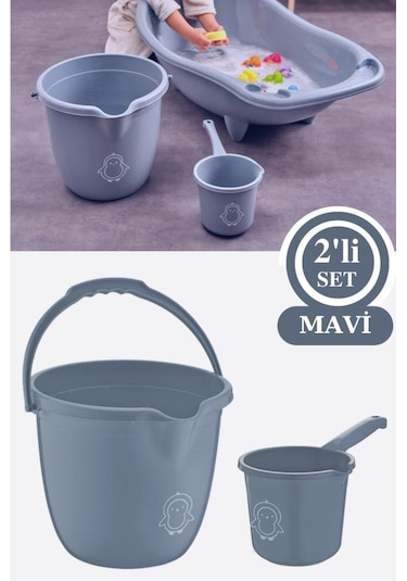 Flosoft Bebek Banyo Su Kovası Ve Maşrapası 2 Li Set, Saplı Oluklu Kova 13lt Ve Maşrapa 1,5lt Mavi
