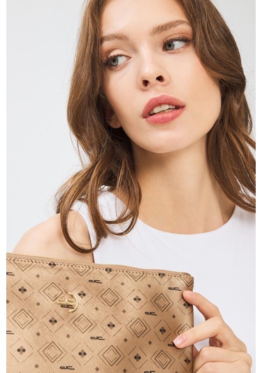 Deri Company Kadın Basic Clutch Çanta Monogram Desenli Altın 214002 Altın